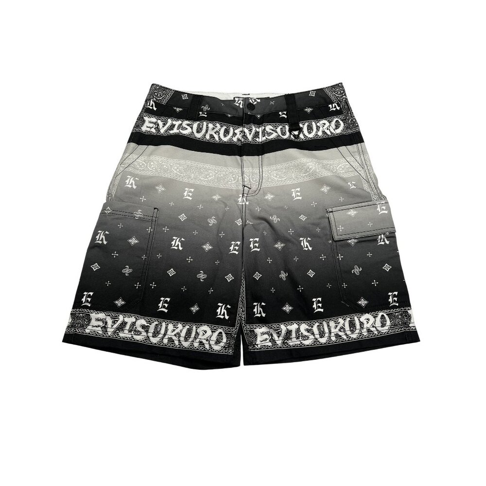 EVISU Gradient Allover Paisley Printed Taper Shorts in Black